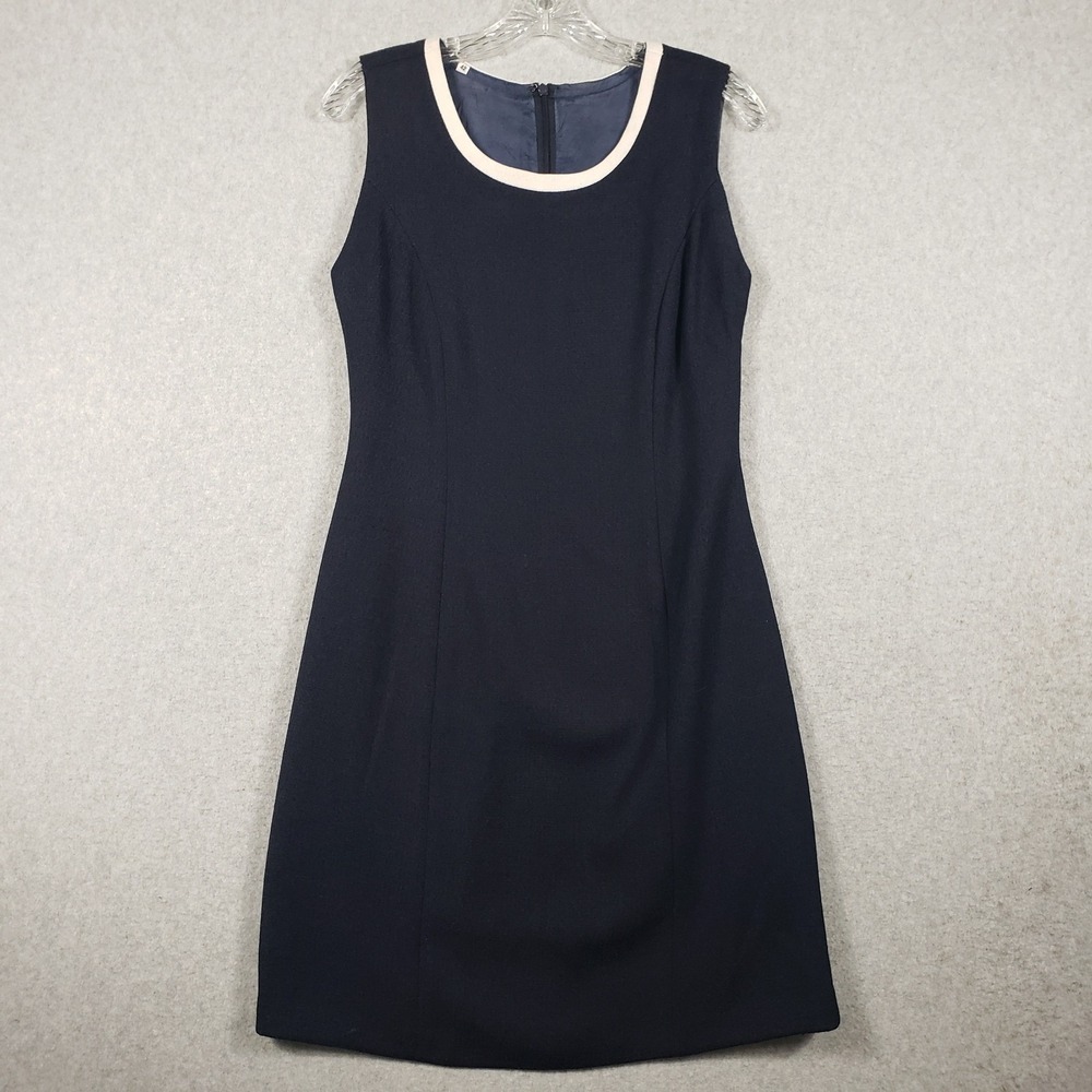 Vintage Unbranded Navy Blue Shift Dress 42 Sleeveless Contrast Trim Midi Retro‎